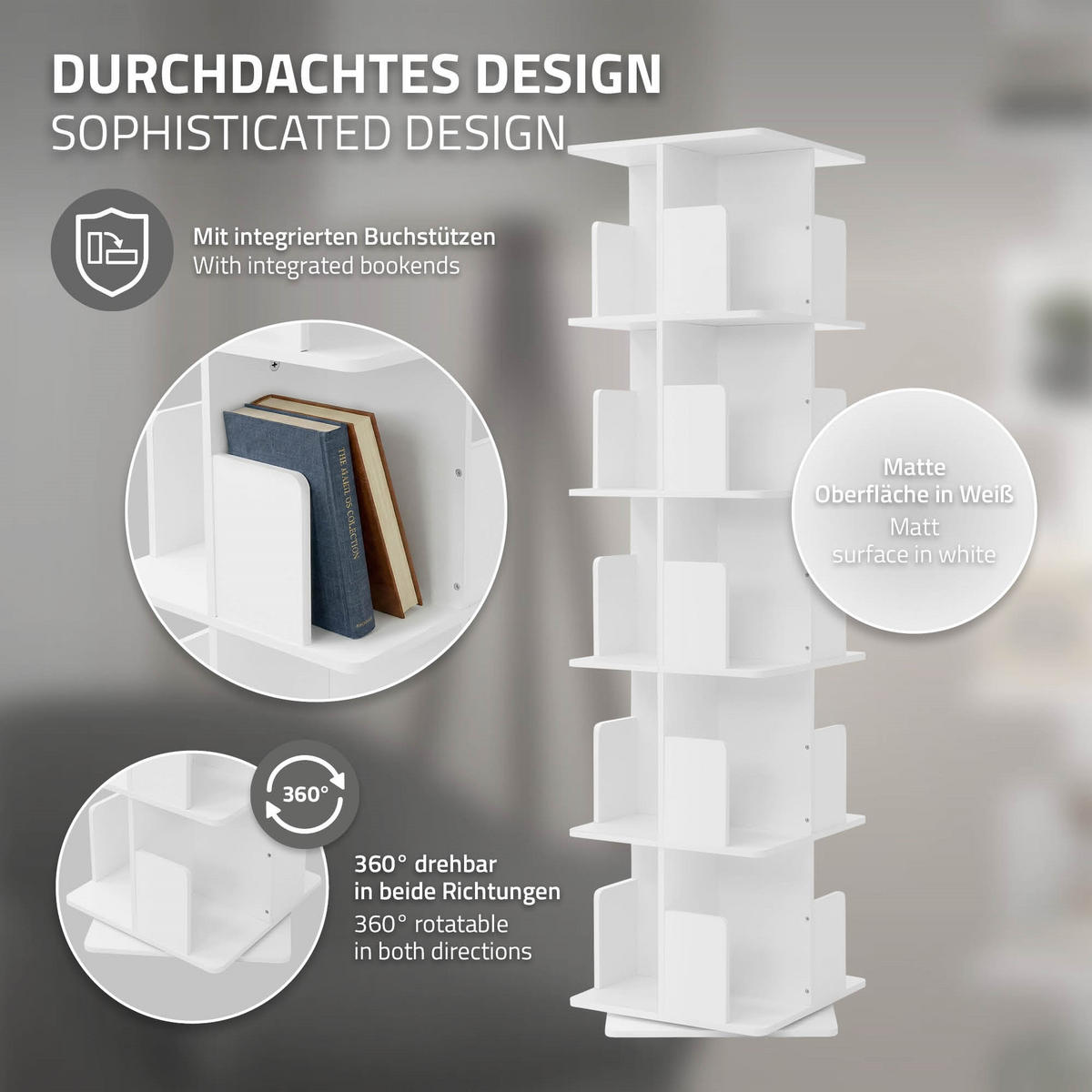 BÜCHERREGAL Kinder mit 5 Ebenen Weiß 40x155x40 cm Drehbar 360 Grad - Weiß, Holzwerkstoff (40/155/40cm) - ML-DESIGN