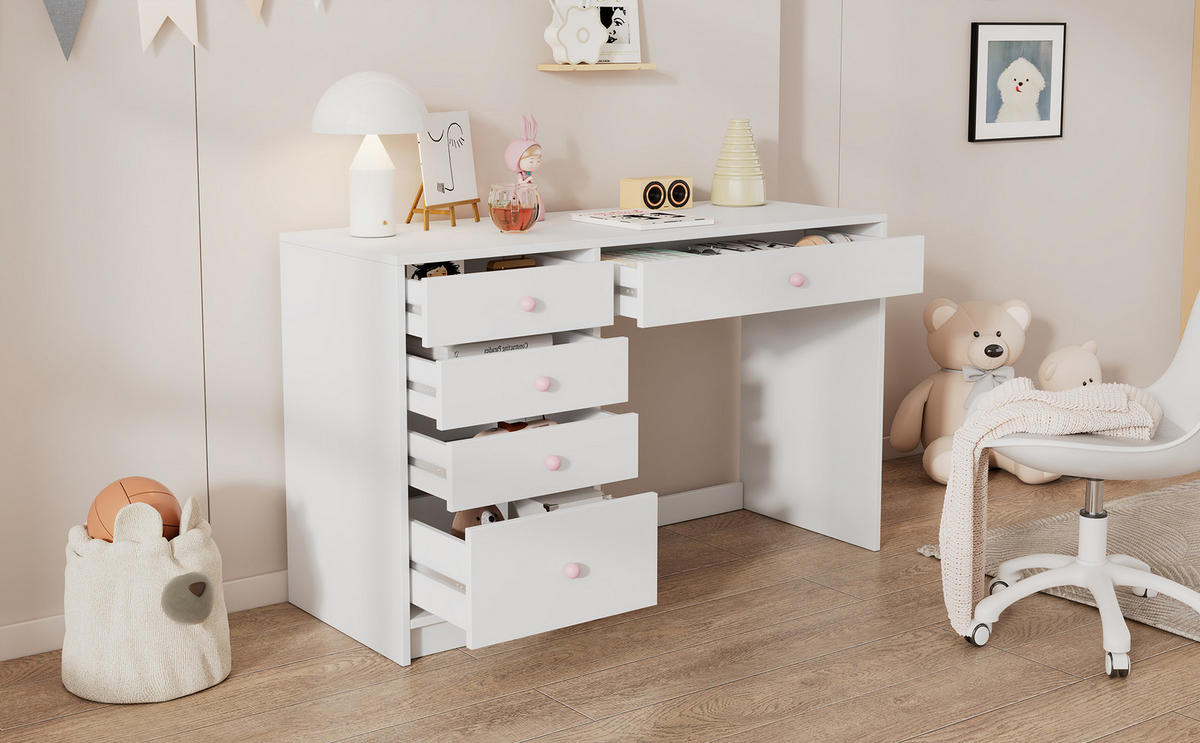 SCHREIBTISCH Weiß 120/45/74 cm mit 5 Schubladen - Weiß, Holzwerkstoff (120/45/74cm) - PANGIVO