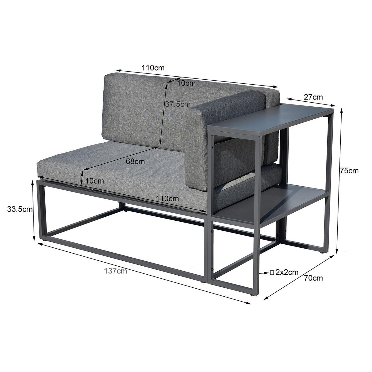 BALKONSOFA - Stahl / Webstoff - Grau - Grau, Textil/Metall (137/75/70cm) - home24