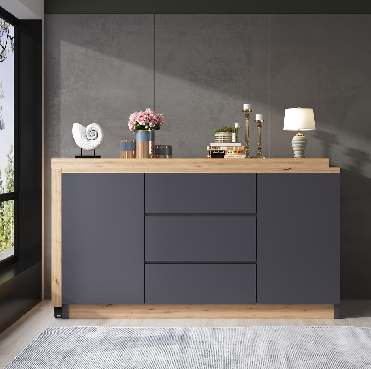 PSACÍ stůl z dřevotřísky 120x50x76,5 cm šedá/dub otočný, skládací se 2 dvířky, 3 zásuvkami a kolečky s brzdou - šedá, kompozitní dřevo (120/76.5/50cm) - Modfu
