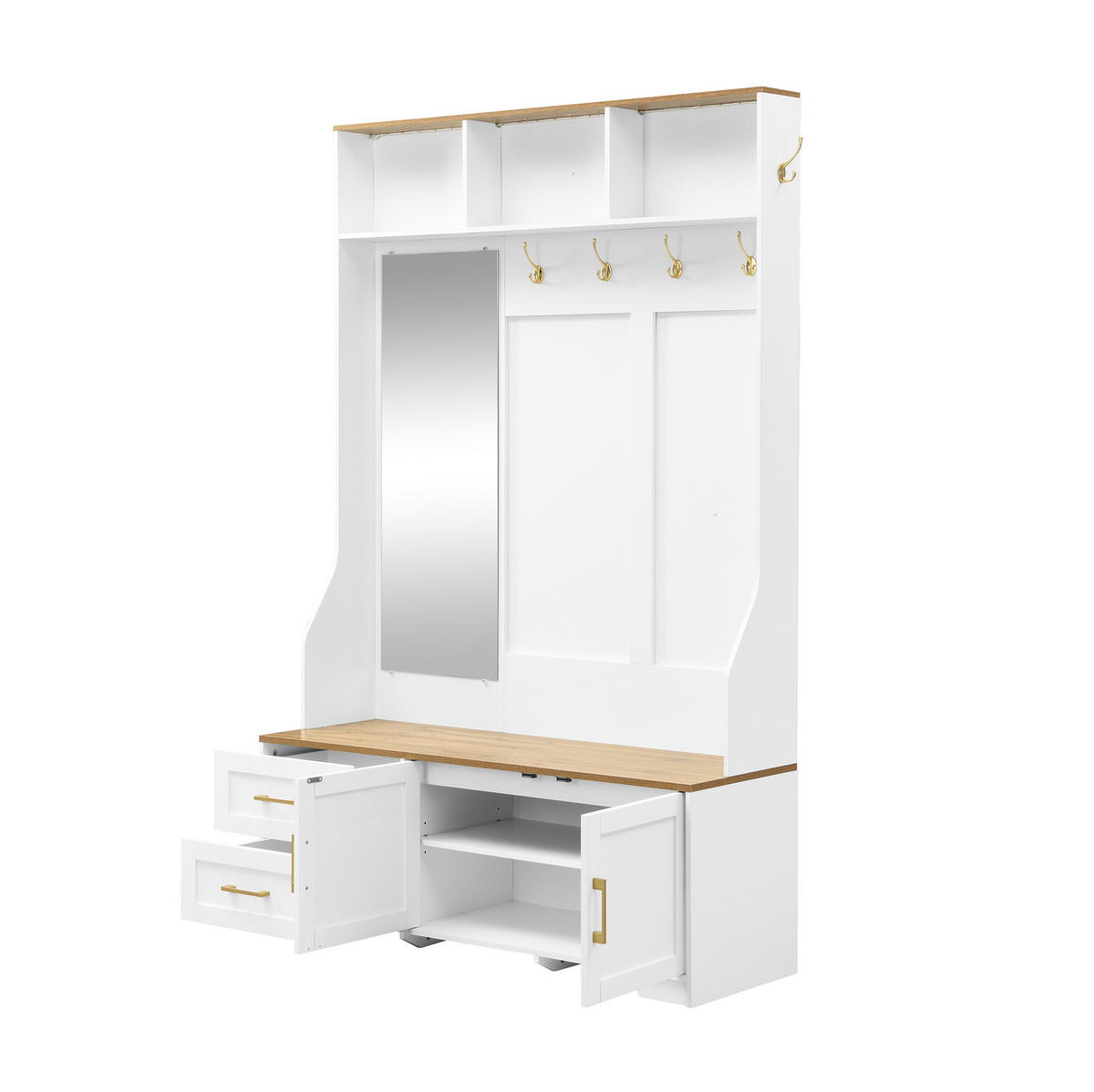 DIELENGARDEROBE 120/40/187 cm mit Spiegel, Sitzbank und LED in Weiß/Holzfarbe - Weiß, Holzwerkstoff (40/187/120cm) - BEAOK