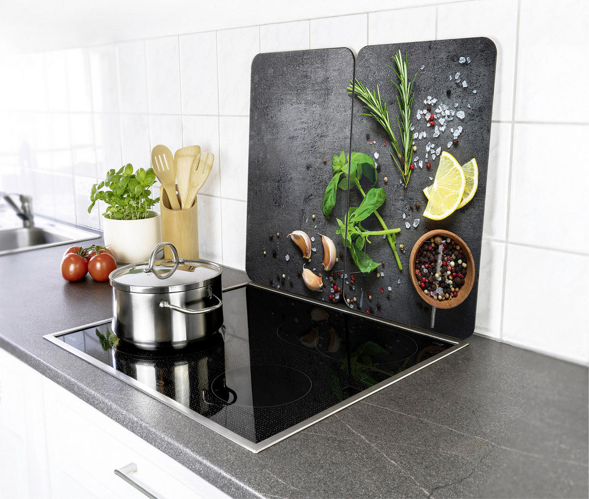 HERDABDECKPLATTEN 2er-Set Herbs - Schwarz, Glas (30/5.5/52cm) - Wenko