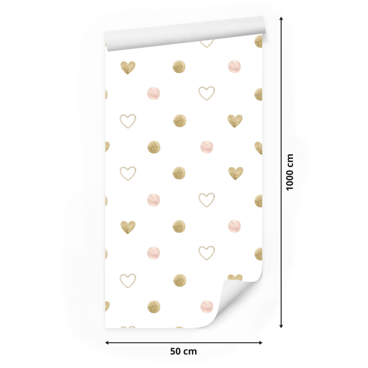 VLIESTAPETE Aquarellpunkte und Herzen – Goldfarben, Rosa, Weiß – 50x1000 cm - Goldfarben/Rosa, Papier (50/1000cm) - Muralo