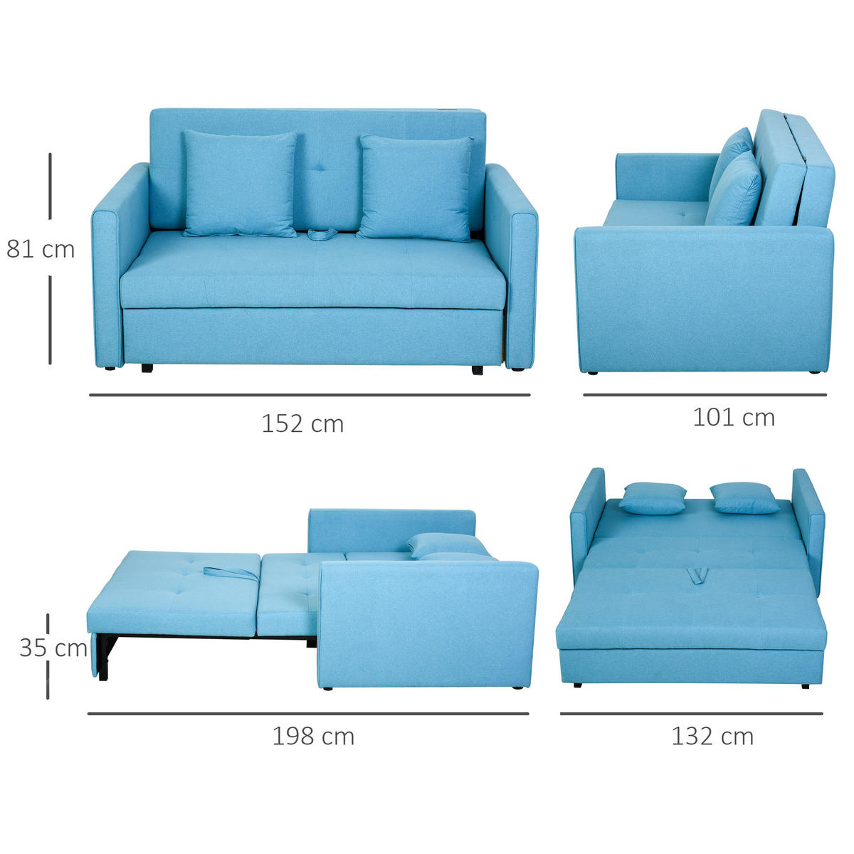 SCHLAFSOFA 2-Sitzer Sofa mit Bettfunktion Polstersofa mit Stauraum, Rückenkissen - Hellblau, Kunststoff (101/81/152cm) - HOMCOM