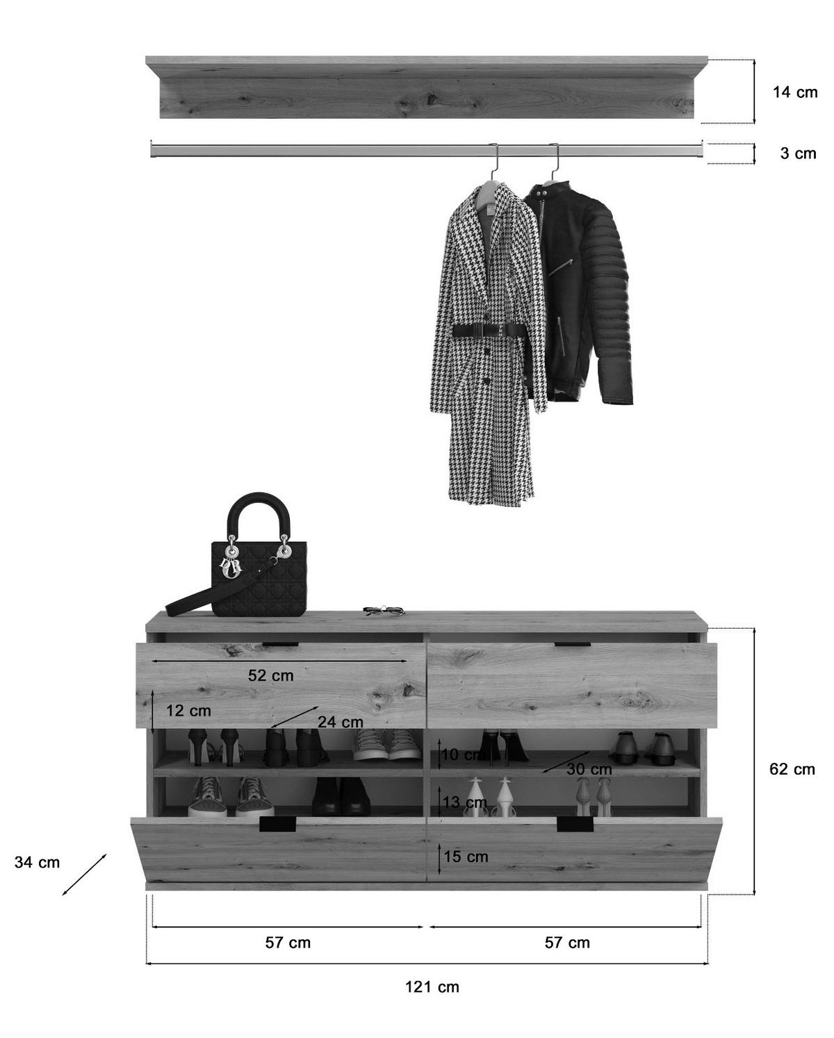 GARDEROBEN-SET in Artisan Eiche 121 cm, Komplettset mit Kleiderstange - Schwarz/Eiche Artisan, Holzwerkstoff/Metall (121/79/34cm) - Inn.Furn