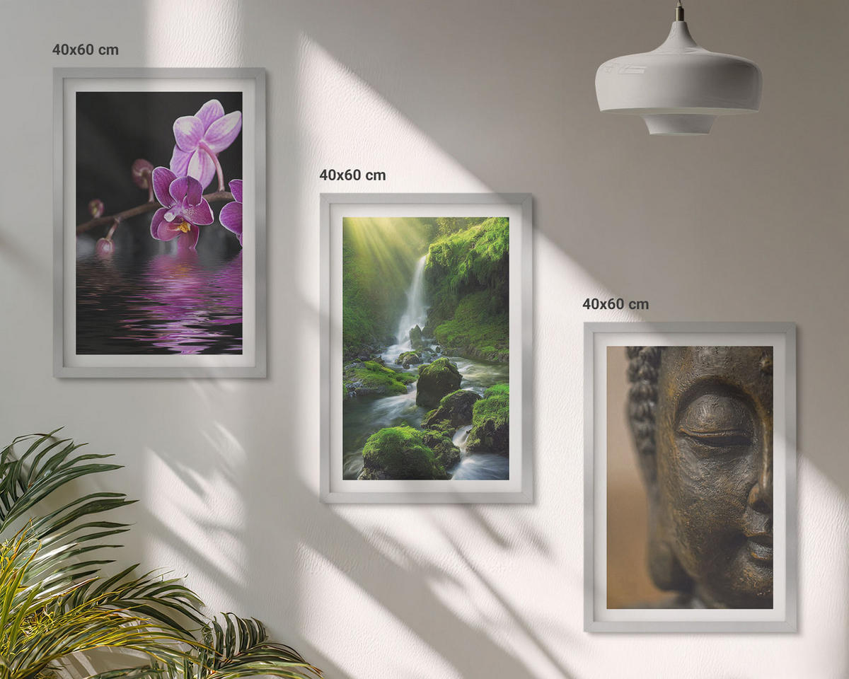 WANDBILDER 3er Set - 40x60 cm Silberner Rahmen - Blumen, Wasserfall, Buddha-Felsen, Zen - Silberfarben, Kunststoff (40/60cm) - ArtPrintCave