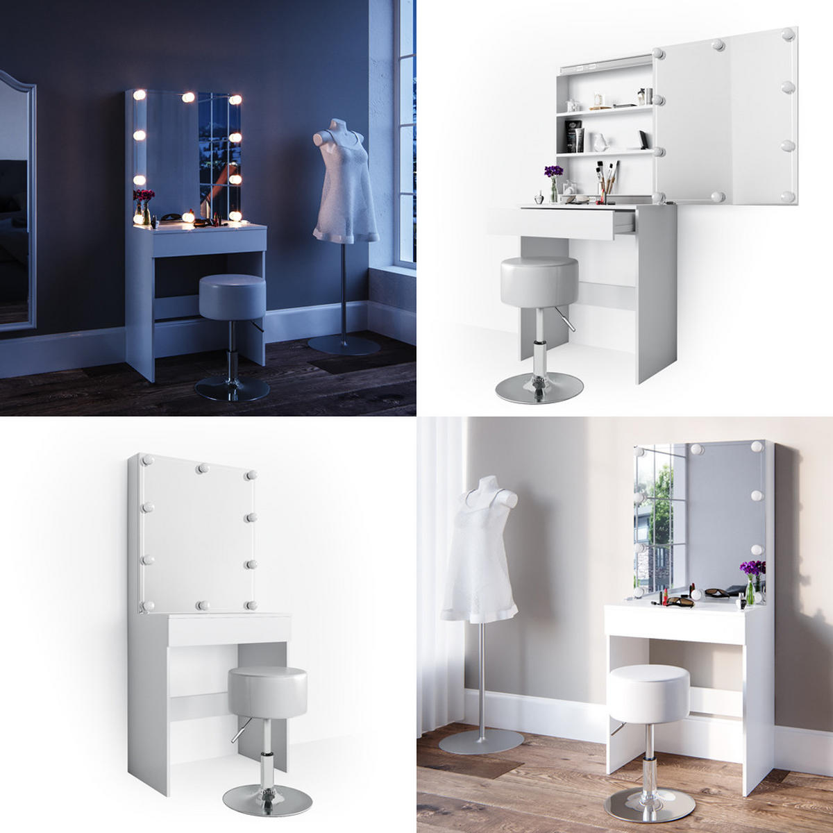 SCHMINKTISCH Melle Weiß 68 cm mit LED Beleuchtung und Hocker - Weiß, Holzwerkstoff (68/155/42cm) - Vicco
