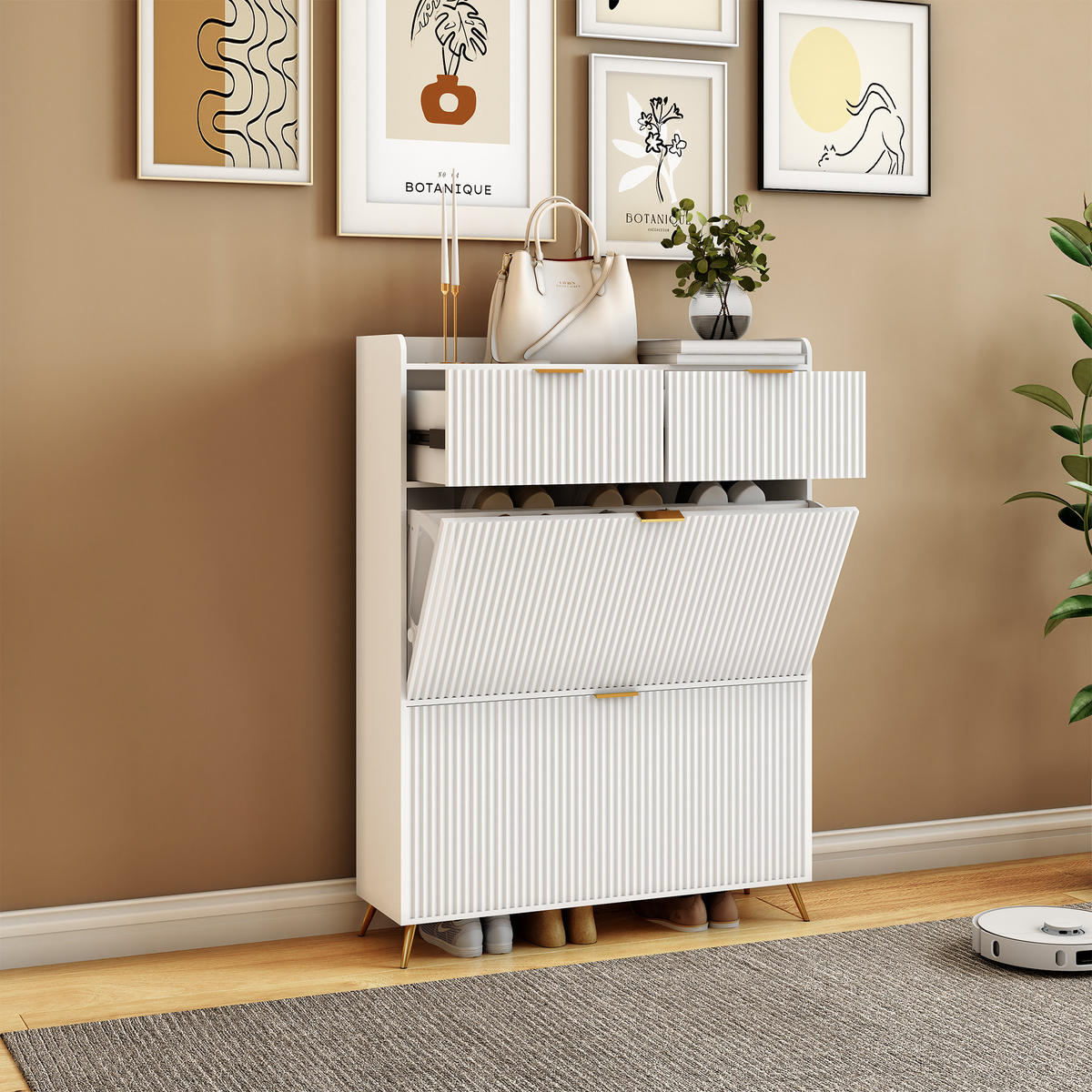 SCHUHSCHRANK 80x24x110 cm Schubladen Trennwände Metallbeine weiß - Weiß, Holz (80/110/24cm) - LEBENLANG