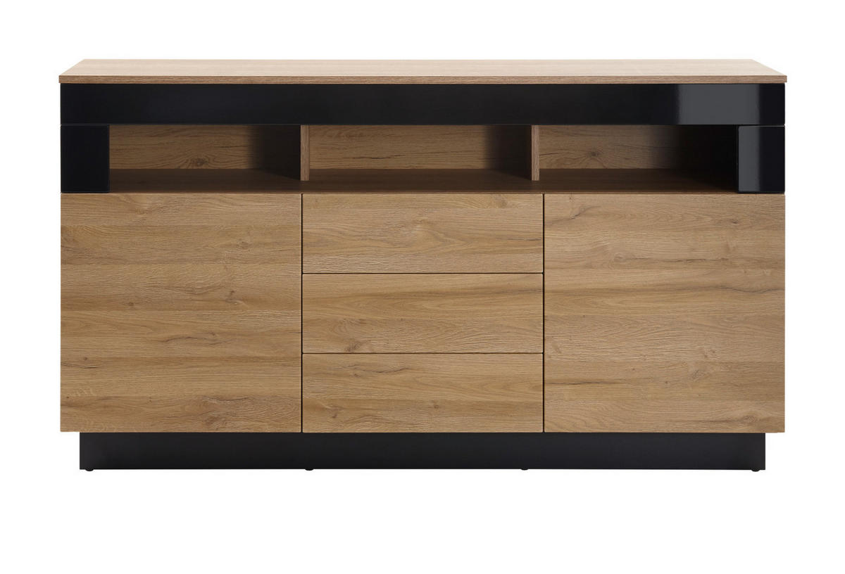 SIDEBOARD Grandson Eiche, schwarz Hochglanz, Kommode 149 x 85 cm - Schwarz Hochglanz/Eichefarben, Holzwerkstoff/Kunststoff (149/85/43cm) - Furn.Design