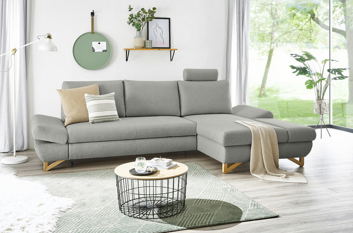 ECKSOFA hellgrau Velours, Sofa mit Bettfunktion und Stauraum 284 cm - Hellgrau, Holz/Textil (284/166cm) - Furn.Design