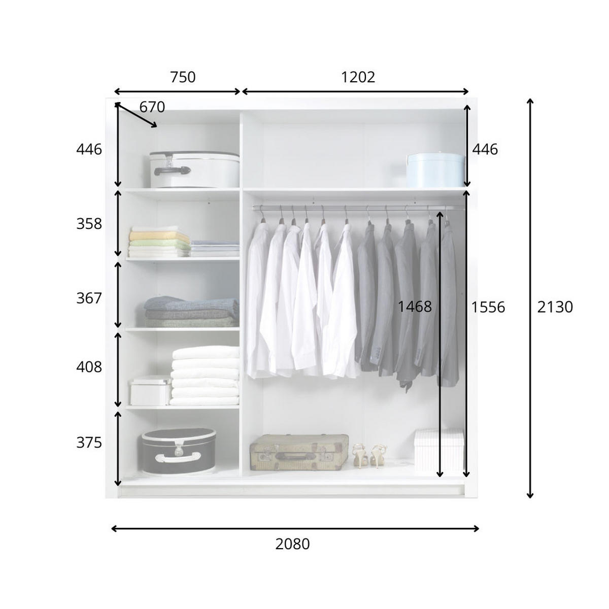 SCHIEBETÜRENSCHRANK Panarea weiß Hochglanz 208 / 67 / 213cm - Weiß Hochglanz/Weiß, Holzwerkstoff/Metall (208/213/67cm) - Feldmann-Wohnen