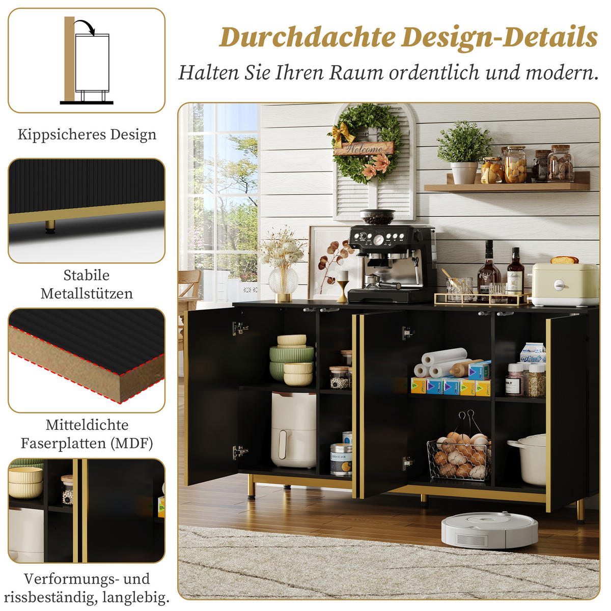 SIDEBOARD mit Flexibler Stauraum Schwarz und Gold - Weiß, Holzwerkstoff (150/81/41.5cm) - Urban Meuble