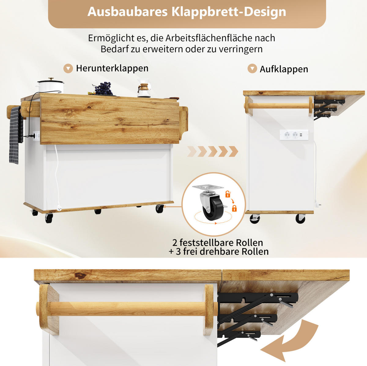 KÜCHENWAGEN mit ausklappbarer Arbeitsplatte, Steckdosen & Rollen Weiß - Weiß, Metall (46/88/134cm) - Beauniv