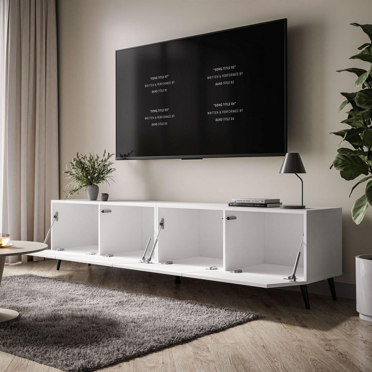 TV-ELEMENT AURA 200 Weiß Hochglanz – Beinfarbe: Schwarz - Weiß, Holzwerkstoff (200/49/40cm) - Lookway