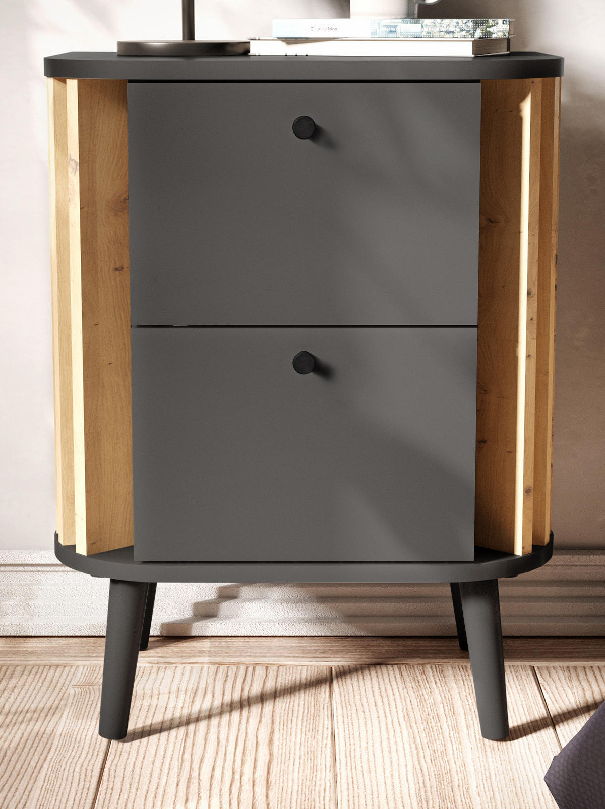 NACHTTISCH grau, Eiche Artisan 45 cm, Nachtkommode Boxspringbett geeignet - Schwarz/Eiche Artisan, Holzwerkstoff/Metall (33/60/45cm) - Inn.Furn