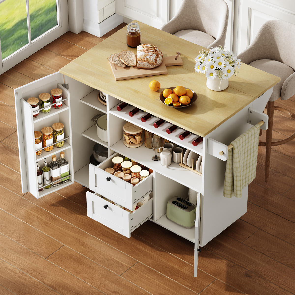 KÜCHENINSEL 89 cm MDF Natur Weiß mit Klappbarer Arbeitsplatte und Weinregal - Weiß, Holzwerkstoff (69/89/104cm) - Korfee