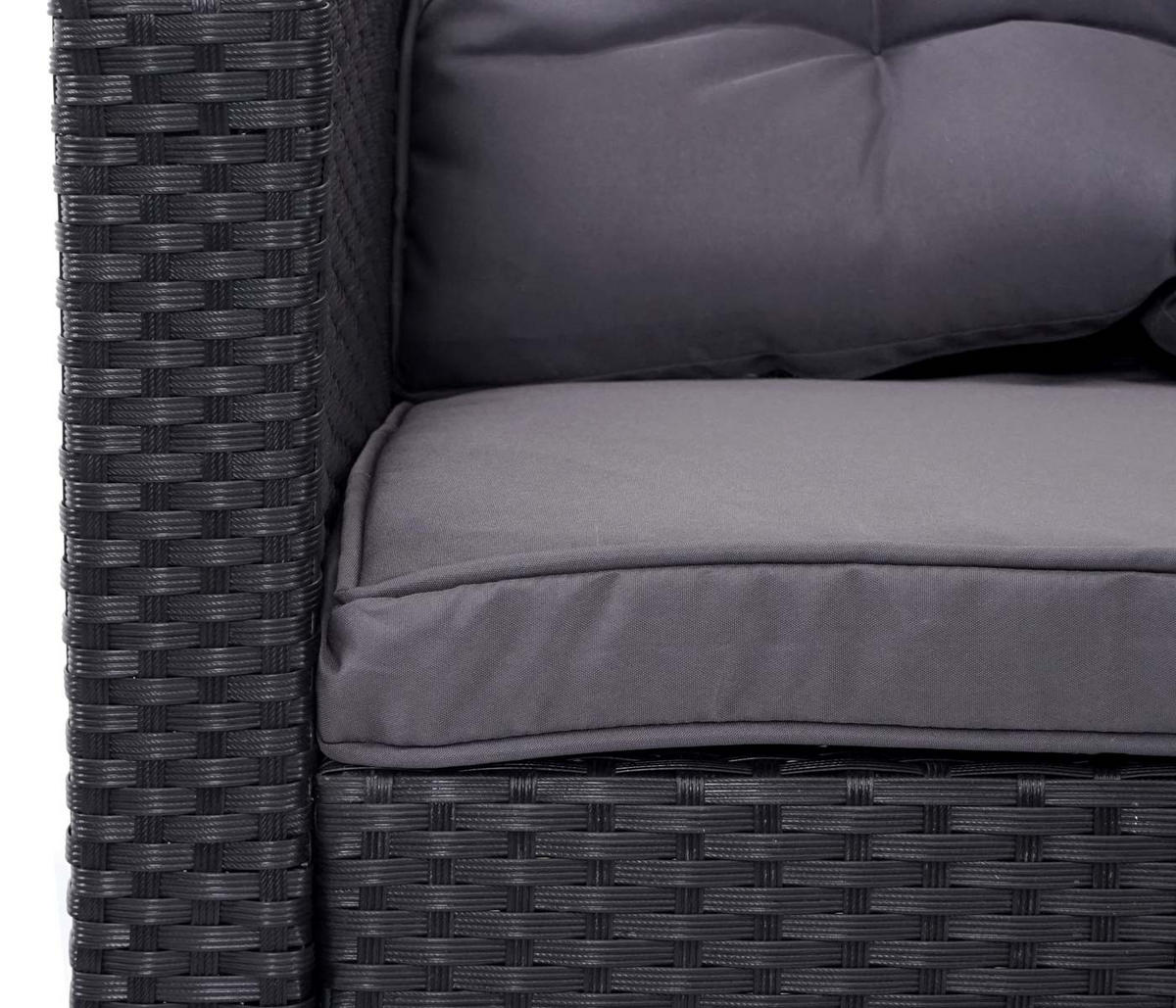 POLY-RATTAN-GARNITUR + HOCKER Schwarz 4er-Set - Schwarz, Kunststoff - MCW
