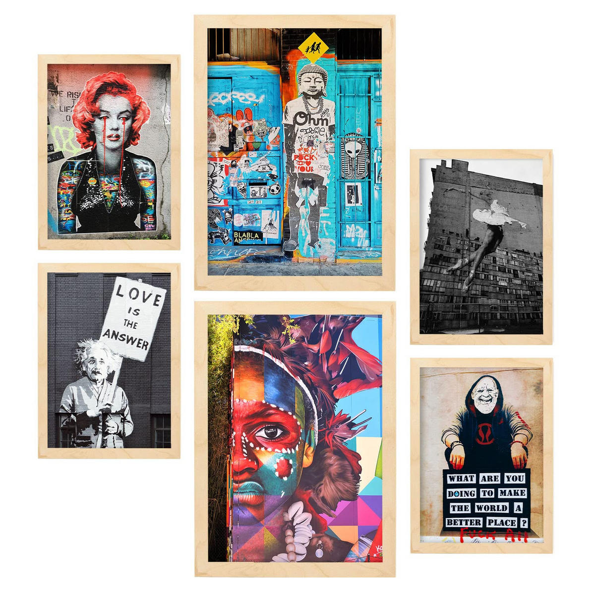 POSTER Set Mit 6 Graffiti A3 & A4 Rahmen Aus Hellem Holz - Beige, Papier (29/3cm) - Nacnic