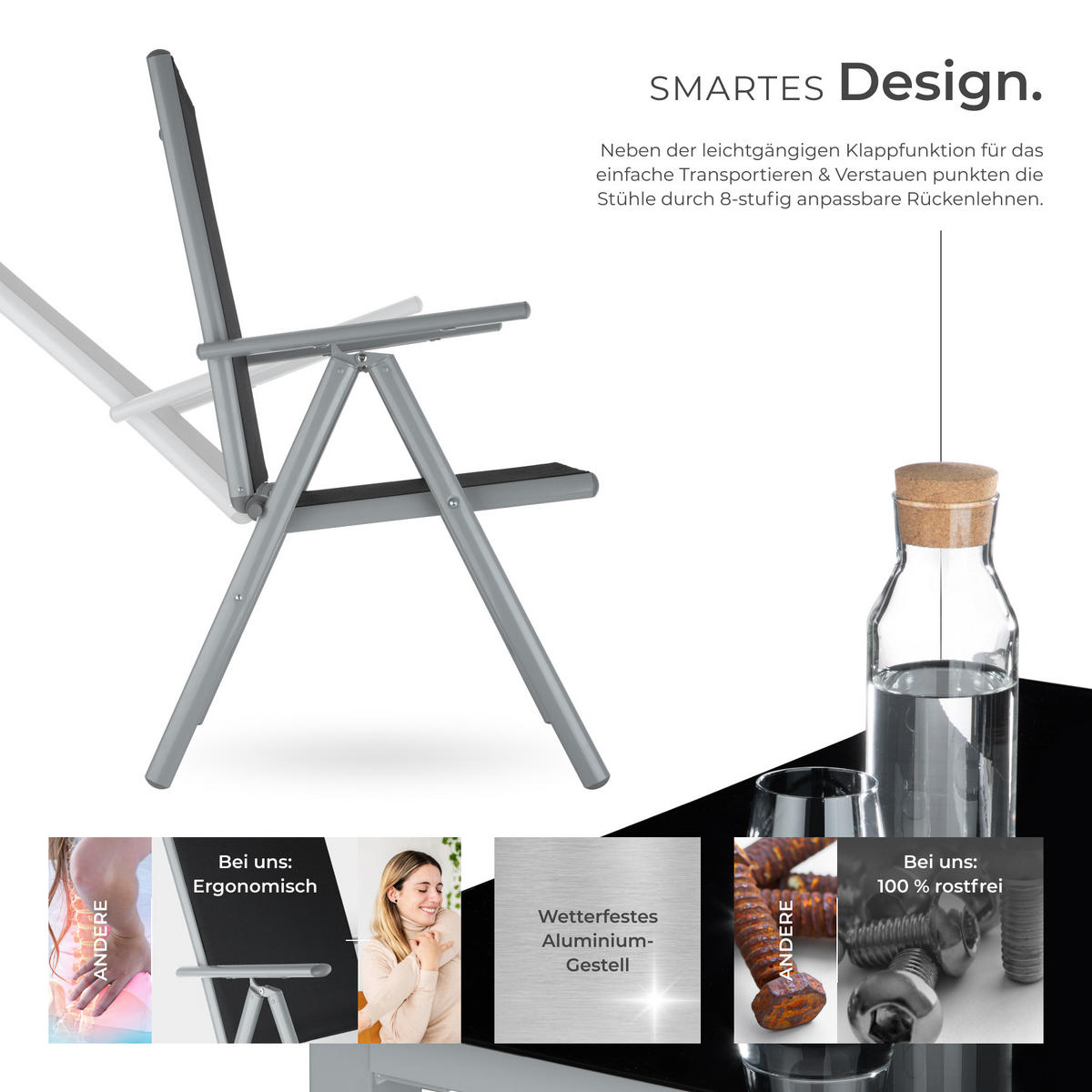 SITZGRUPPE Stabia,Tisch mit Sicherheitsglasplatte und Ausgleichsschrauben,silber - Silberfarben, Naturmaterialien/Kunststoff - tectake