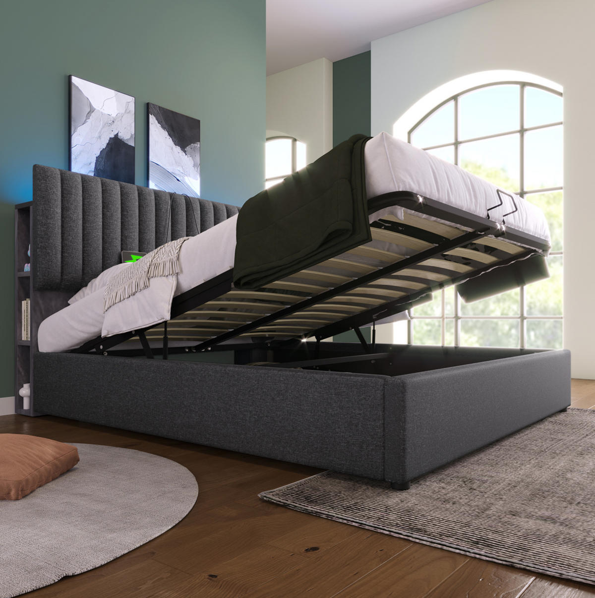 POLSTERBETT mit Stauraum und LED 160x200 cm Leinen Grau - Grau, Metall (160/200cm) - Meubliv