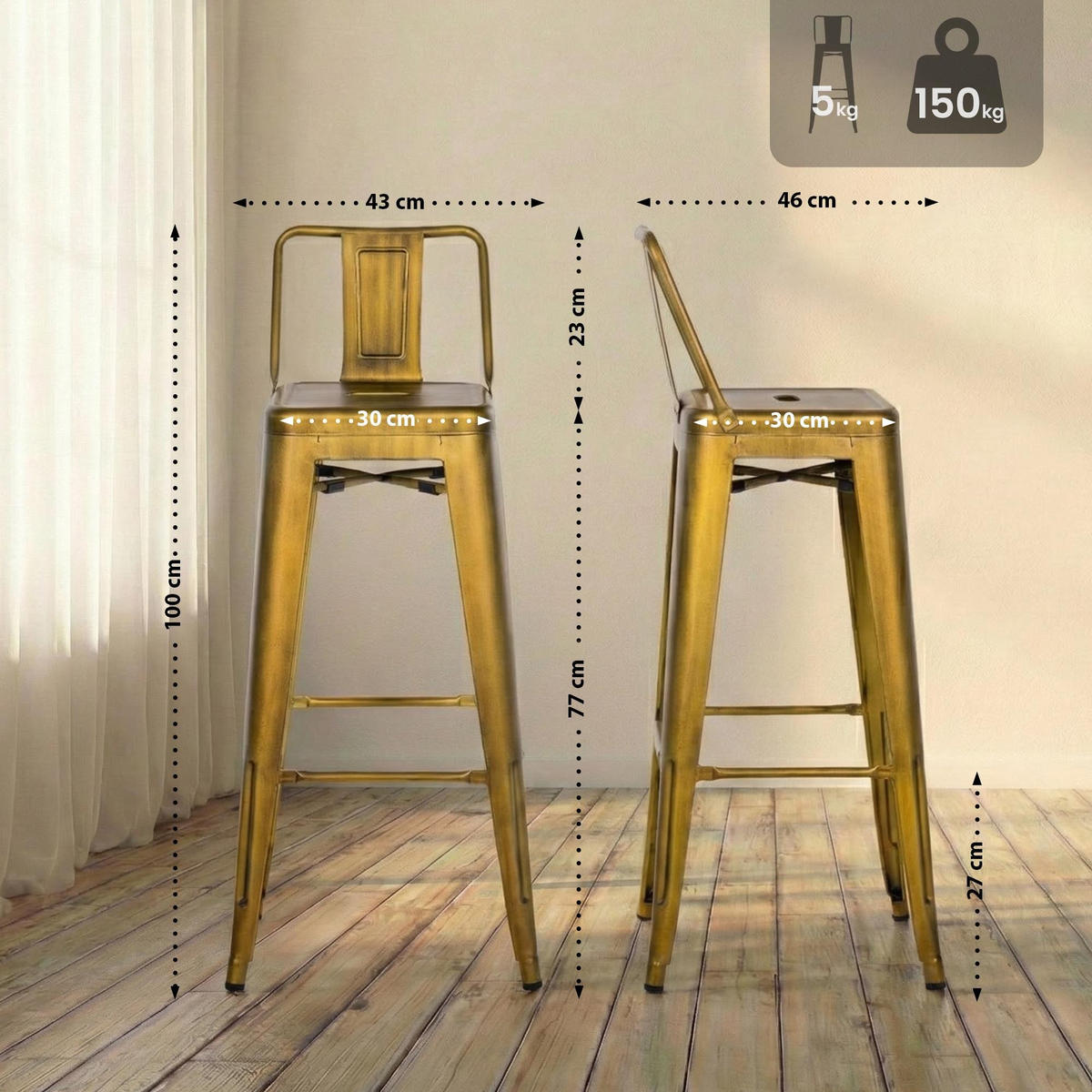 BARHOCKER Mason 4er Set 96x44x43 cm Gold - Goldfarben, Metall (44/96/43cm) - furnicato