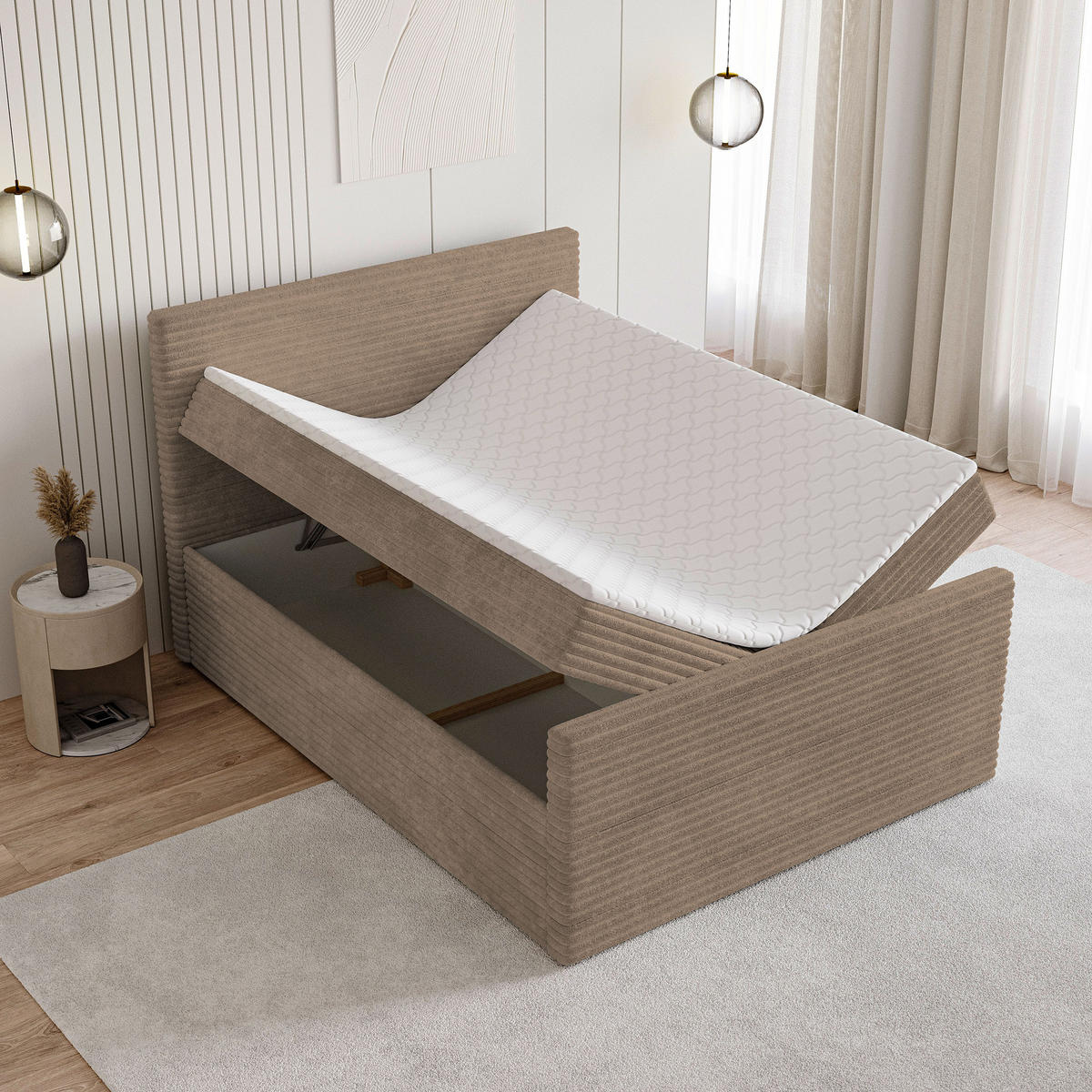 BOXBETT NOLEN 160x200 cm mit Matratze und Topper - Beige - Beige, Holz (160/200cm) - MASSENO