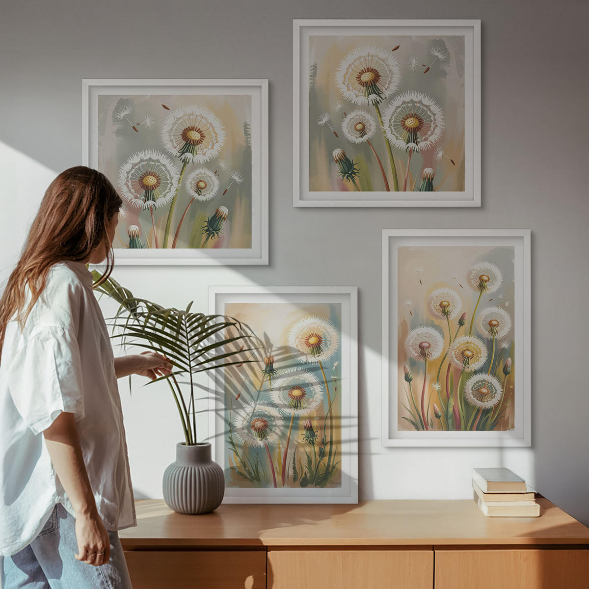 BILDER SET 4er Set - 50x50 cm & 40x60 cm Weißer Rahmen - Löwenzahnblüten, pastellfarbene Gräser - Weiß, Kunststoff (50/50cm) - TULUP