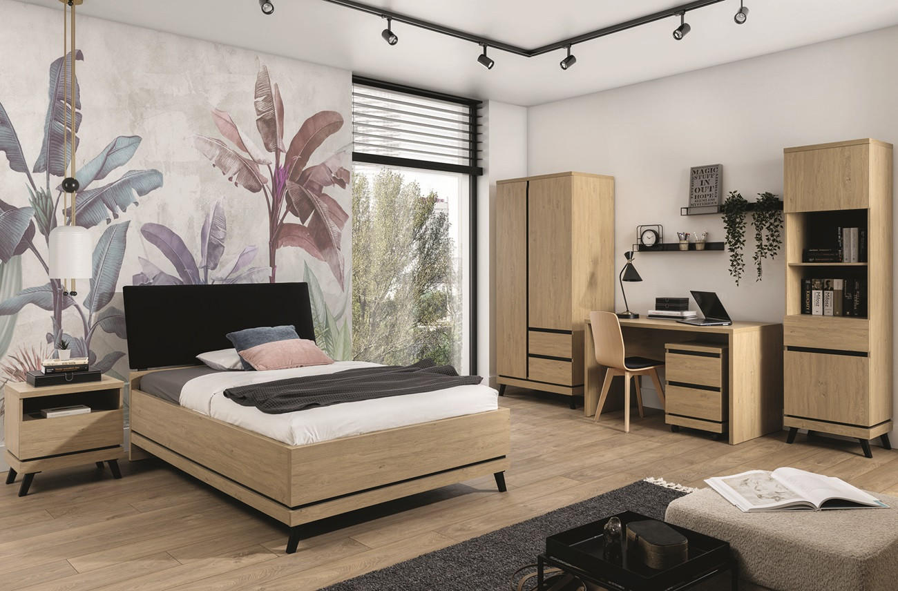 JUGENDZIMMER Art Set B mit Bett 120 x 200 - Steineiche / Schwarz - Eichefarben/Schwarz, Holzwerkstoff (128/106/220cm) - QMM TraumMöbel