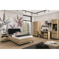 JUGENDZIMMER Art Set B mit Bett 120 x 200 - Steineiche / Schwarz - Eichefarben/Schwarz, Holzwerkstoff (128/106/220cm) - QMM TraumMöbel