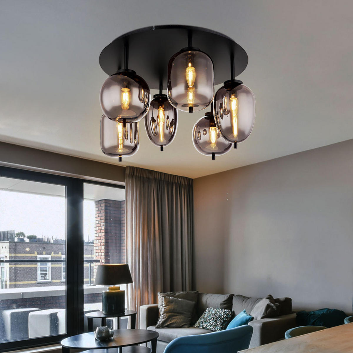 DECKENLEUCHTE Metall Glas Schwarz Messing 6 Flammig - Schwarz, Glas (65/65/38cm) - Globo Lighting