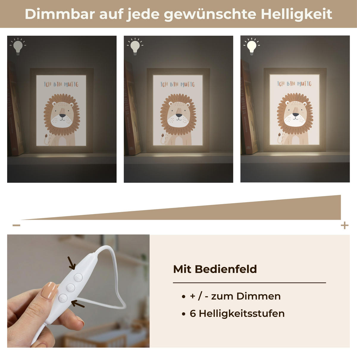 NACHTTISCHLAMPE Löwe - Beige - Tier - Mutig - Zitat 15x20 cm - Beige, Holzwerkstoff (8/15/20cm)
