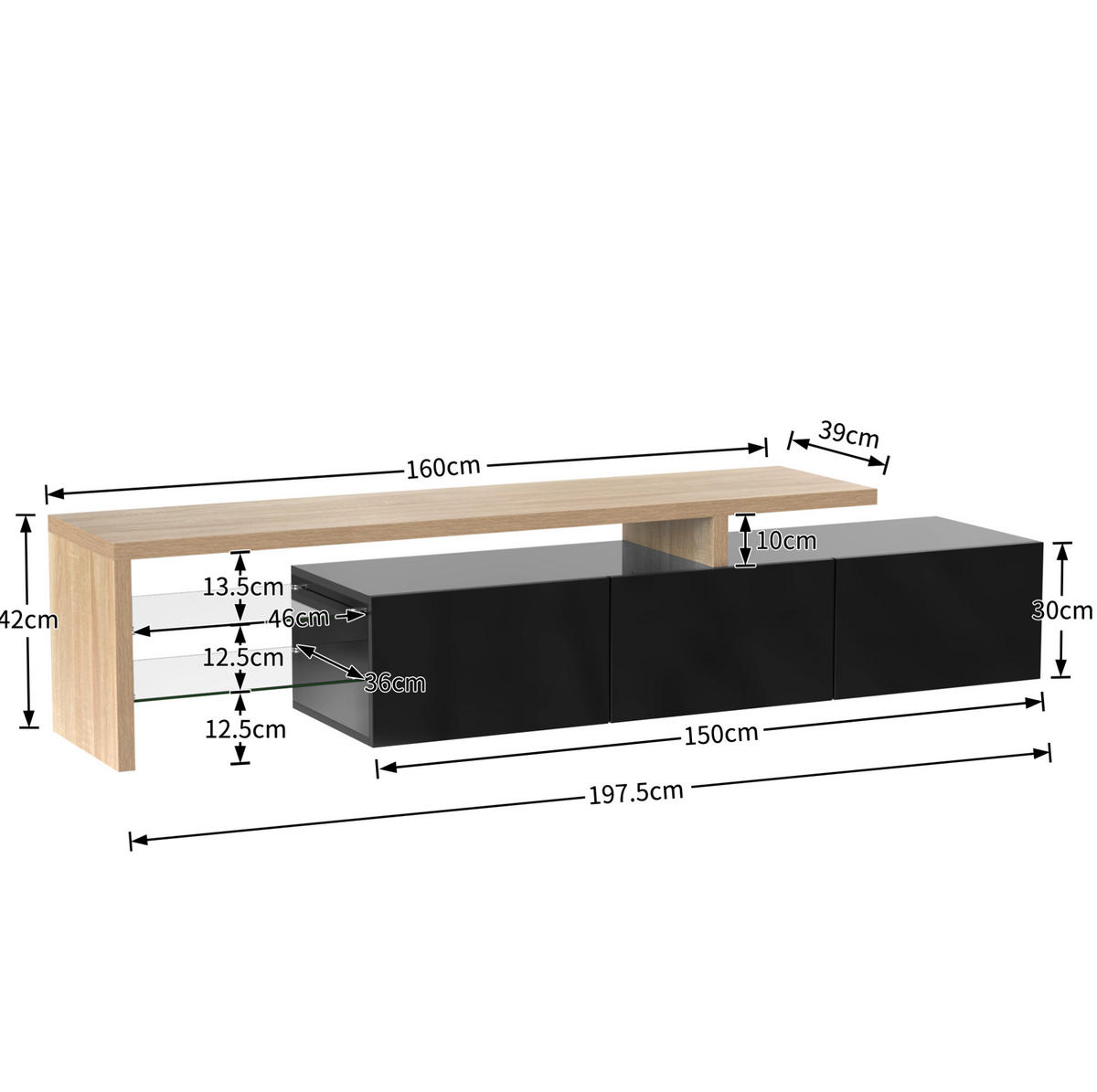 TV-ELEMENT mit LED 197,5 cm Schwarz Holzoptik - Schwarz, Glas (39/42/197.5cm) - Beauniv