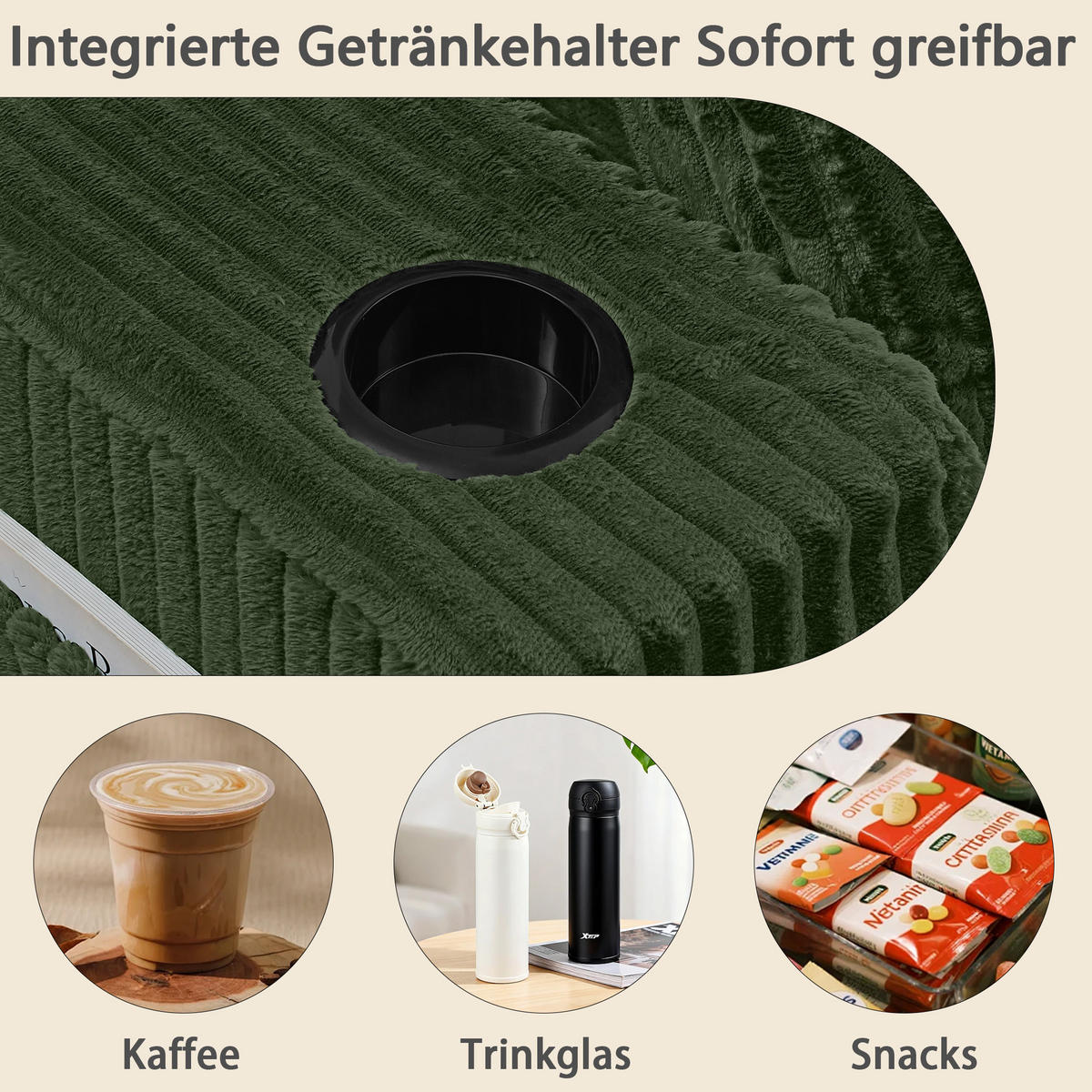 SCHLAFSOFA 186/154/78 cm Grün Cord mit seitlicher Magazintasche und Getränkehalter - Grün, Textil (186/78/154cm) - Oxeza