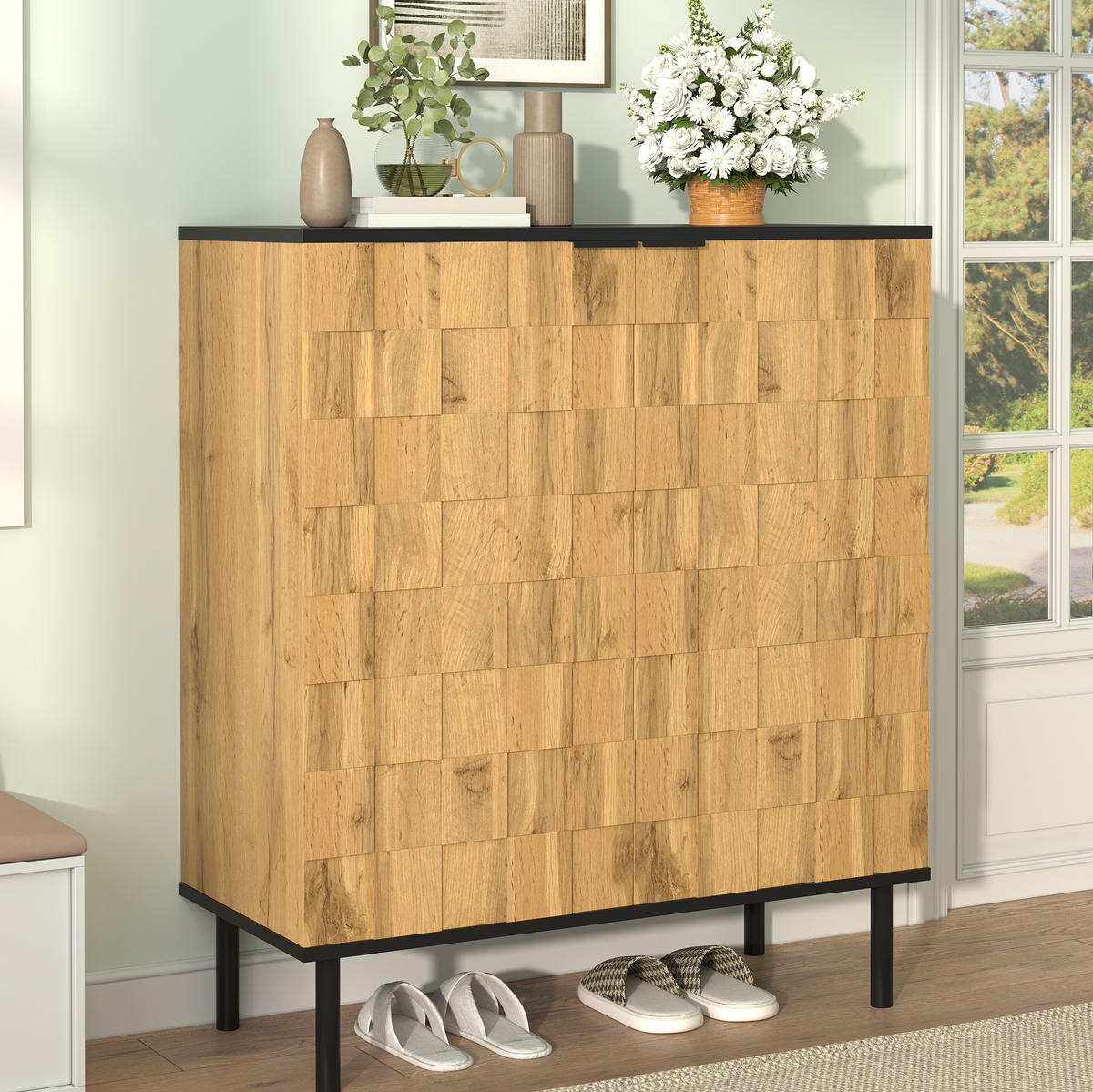 SCHUHSCHRANK 80/35/91,5 cm mit 2 Türen, höhenverstellbaren Fächern und Mosaikfront, Natur - Naturfarben, Holzwerkstoff (80/91/35cm) - Redom