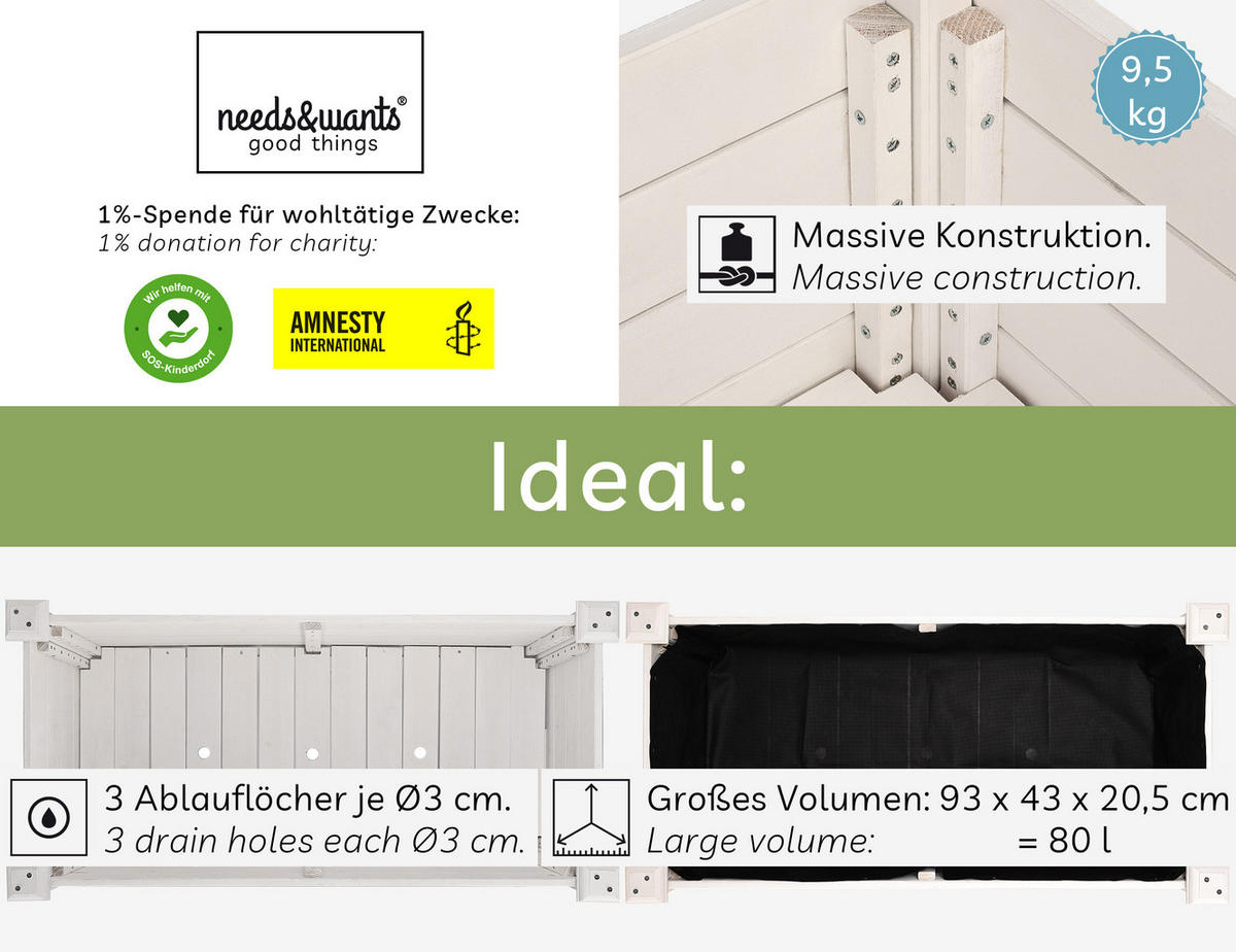 HOCHBEET aus Holz für Garten & Balkon, rechteckig mit Vlies-Folie - Weiß, Holz (100/75/50cm) - needs&wants