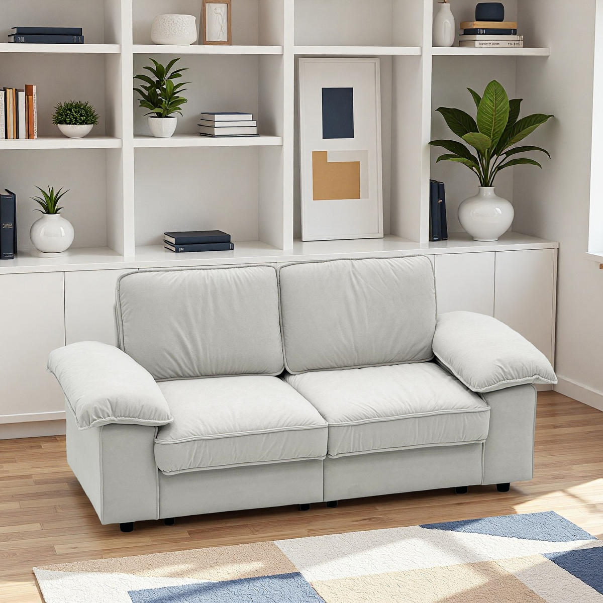 SOFA mit Stauraum Kurzplüsch-Polyester Bezug und Taschenfederkern 201/91/89 cm Creme - Creme, Textil (91/89/201cm) - Redom