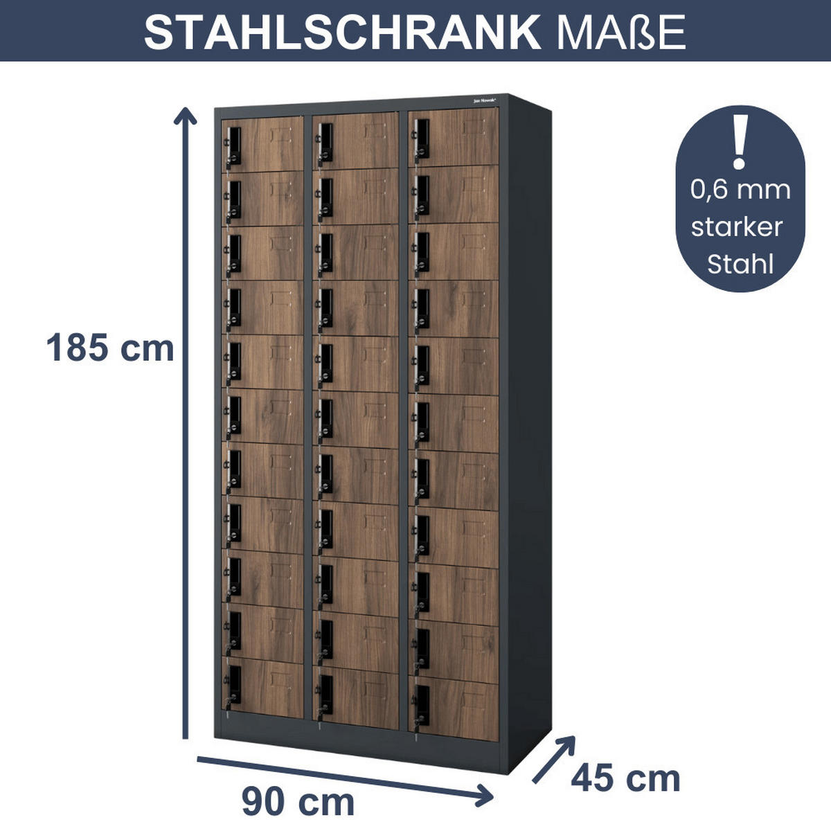 SCHLIESSFACHSCHRANK Spind PORTO 33 Fächer185x90x45cm Anthrazit-Nussbaum - Anthrazit, Metall (90/185/45cm) - DELUKE