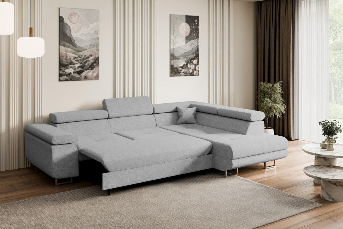 ECKSOFA mit Schlaffunktion und Bettkasten GUSA-L 272x202x107 cm Grau Bouclé - Silberfarben/Hellgrau, Holzwerkstoff/Textil (272/202cm) - ALTDECOR