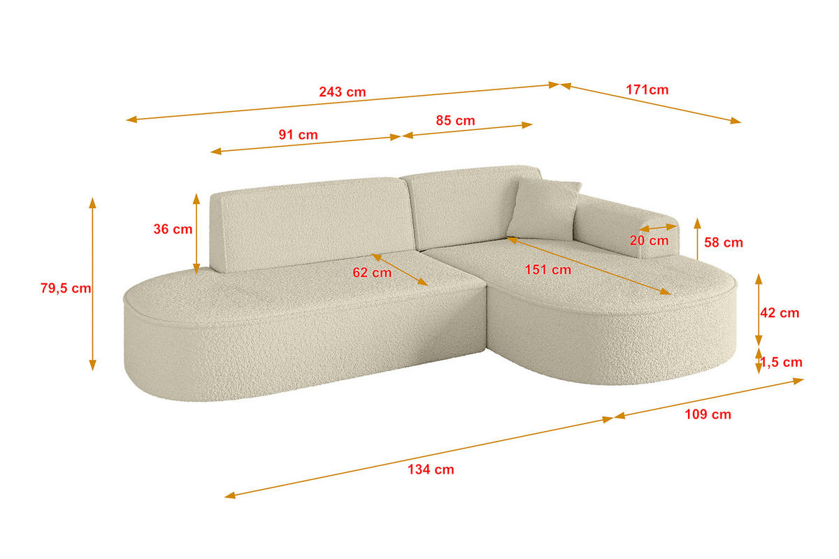 ECKSOFA Ottomane Rechts MARI-L1 - 243x171x79 cm Beige Bouclé - Beige/Schwarz, Holzwerkstoff/Kunststoff (234/163cm) - ALTDECOR