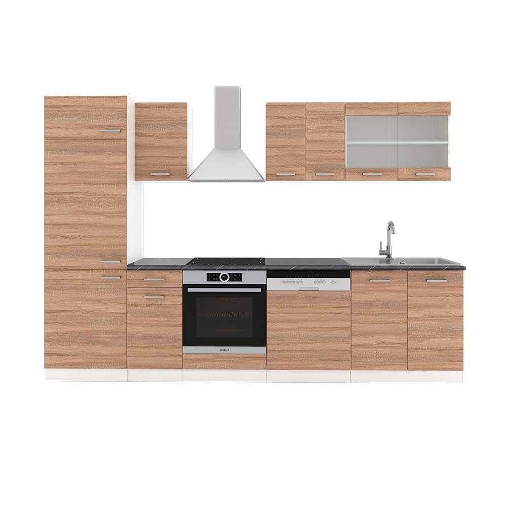 KÜCHENZEILE R-Line Sonoma/Weiß 300 cm, AP Anthrazit - Weiß/Sonoma Eiche, Holzwerkstoff (300/81.6/60cm) - Vicco