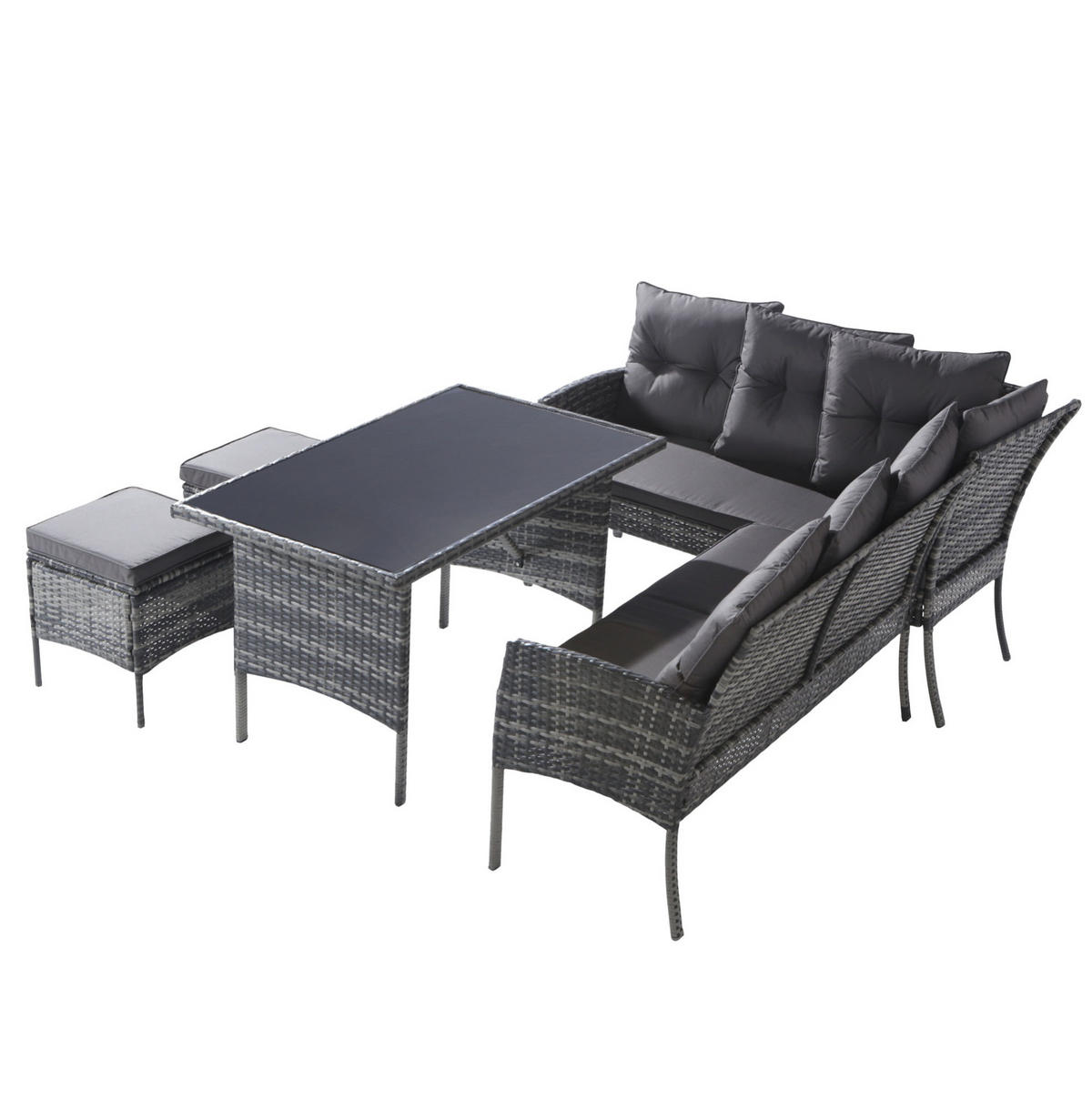 GARTENLOUNGE 195/51/78 cm grau aus PE-Rattan mit Tisch, Hockern und waschbaren Kissen - Grau, Metall - OKWISH