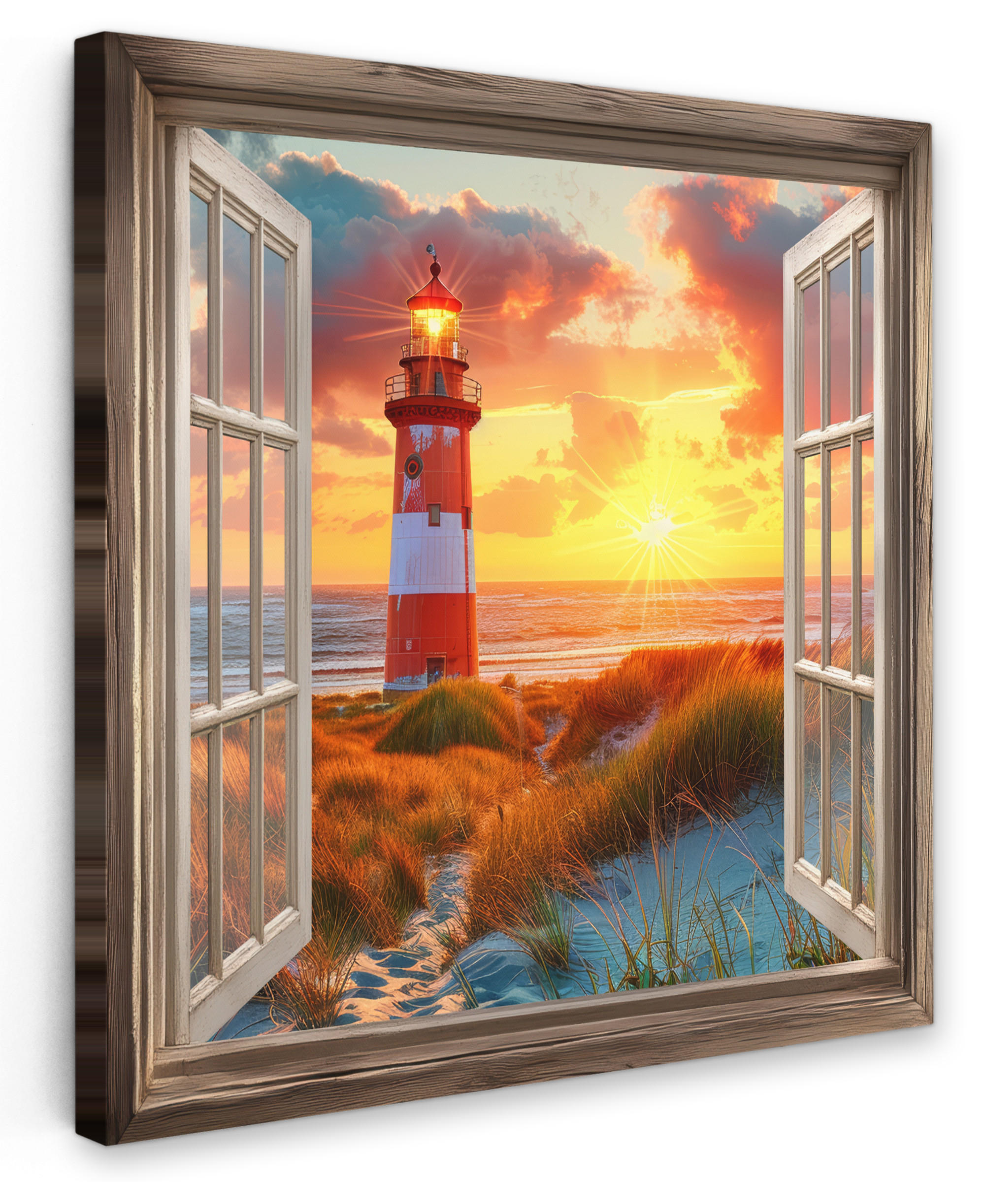 LEINWANDBILD Aussicht - Fenster - Leuchtturm - Sonnenuntergang - Strand 20x20 cm - Dunkelorange, Textil (20/20cm) - MuchoWow