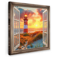 LEINWANDBILD Aussicht - Fenster - Leuchtturm - Sonnenuntergang - Strand 50x50 cm - Dunkelorange, Textil (50/50cm) - MuchoWow