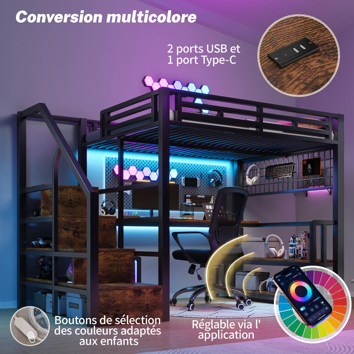 HOCHBETT mit LED und Stauraum Schwarz 140x200 cm Metall - Schwarz, Metall (140/200cm) - SONNENH