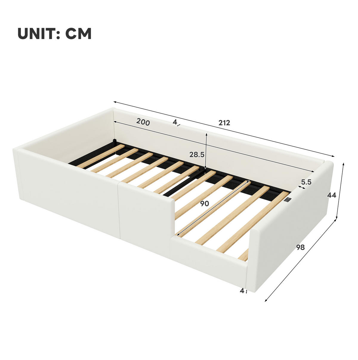 POLSTERBETT 90/200 cm weiß aus MDF mit Ladestation - Weiß, Holzwerkstoff (90/200cm) - OKWISH
