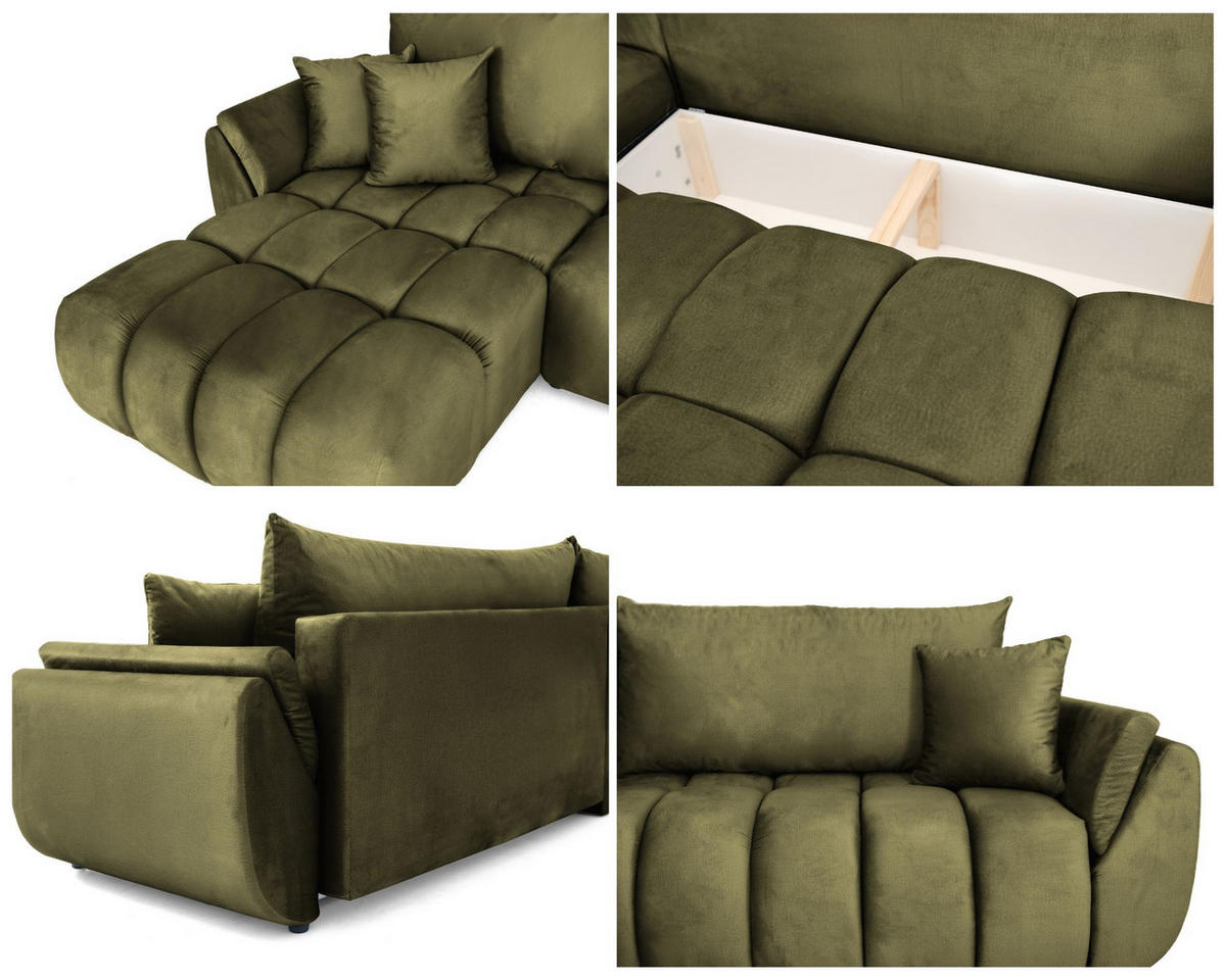 ECKSOFA Iris mit Schlaffunktion und Bettkasten, links oder rechts montierbar – Olivgrün Samt 280/184/85 cm - Schwarz/Olivgrün, Kunststoff/Textil (280/184cm) - WFL GROUP