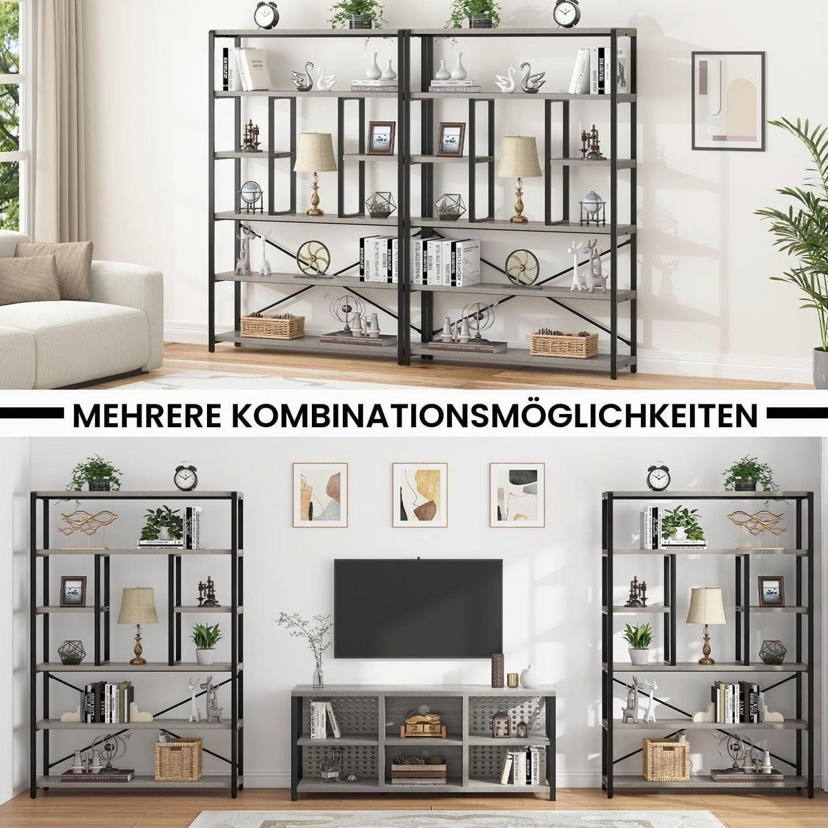 BÜCHERREGAL Industrial Chic Hellgraue Eiche - Grau, Metall (120/180/30cm)