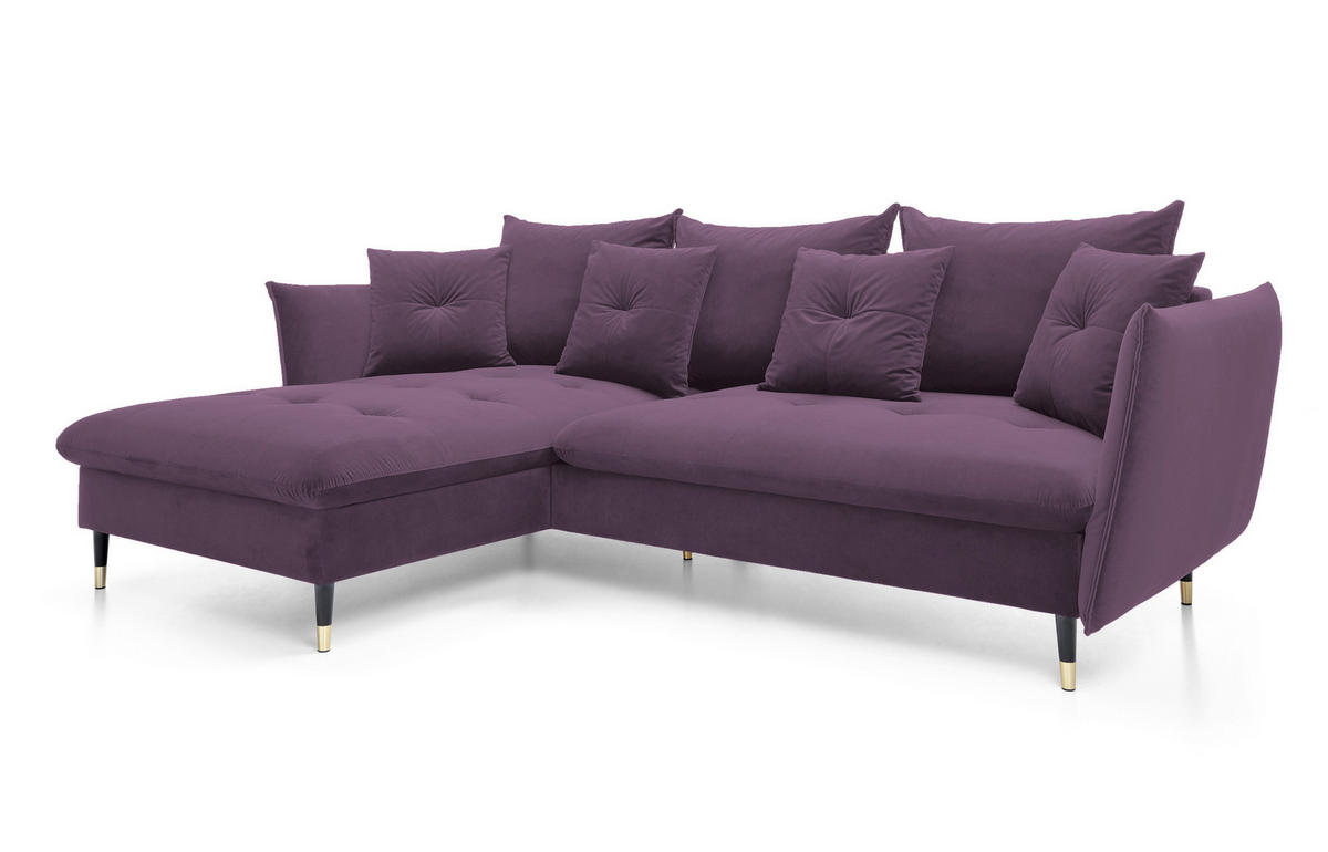 ECKSOFA GLAM mit Schlaffunktion, Ottomane & goldenen Füßen – Samtsofa im Glamour-Stil mit Zierkissen, 258x167x91cm, Linke, LILA - Lila, Holz/Textil (167/258cm) - DomoHome