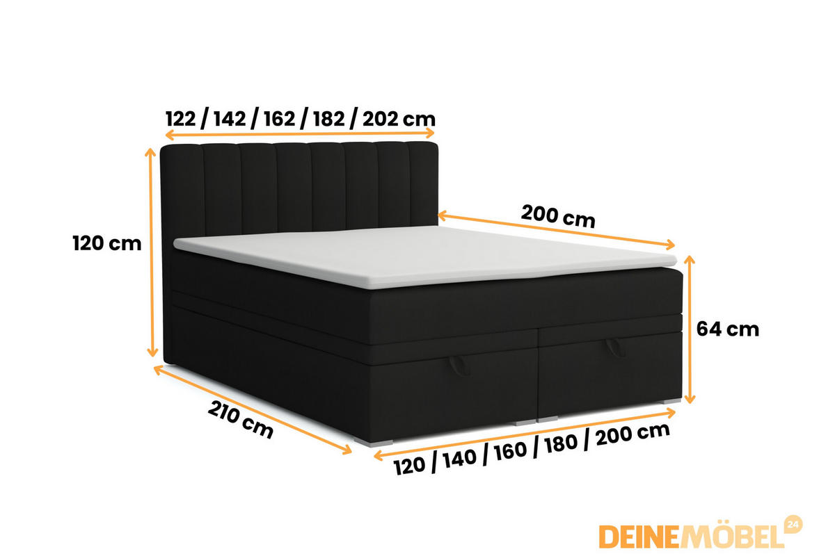 BOXBETT DAVID 120/200 Velour Schwarz mit einer Matratze H4 - Schwarz, Holz/Holzwerkstoff (120/200cm) - Deine Möbel 24