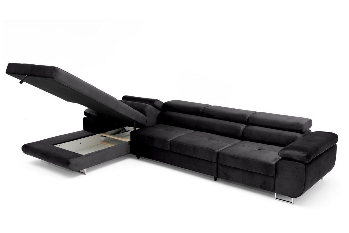 ECKSOFA ALONZO MAXI Links mit Schlaffunktion 125x195 Velours Schwarz - Silberfarben/Schwarz, Holz/Textil (350/203cm) - Muffo